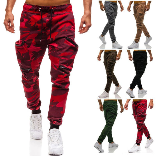 Cotton Cargo Camo Solid Pants Men Drawstring Waist